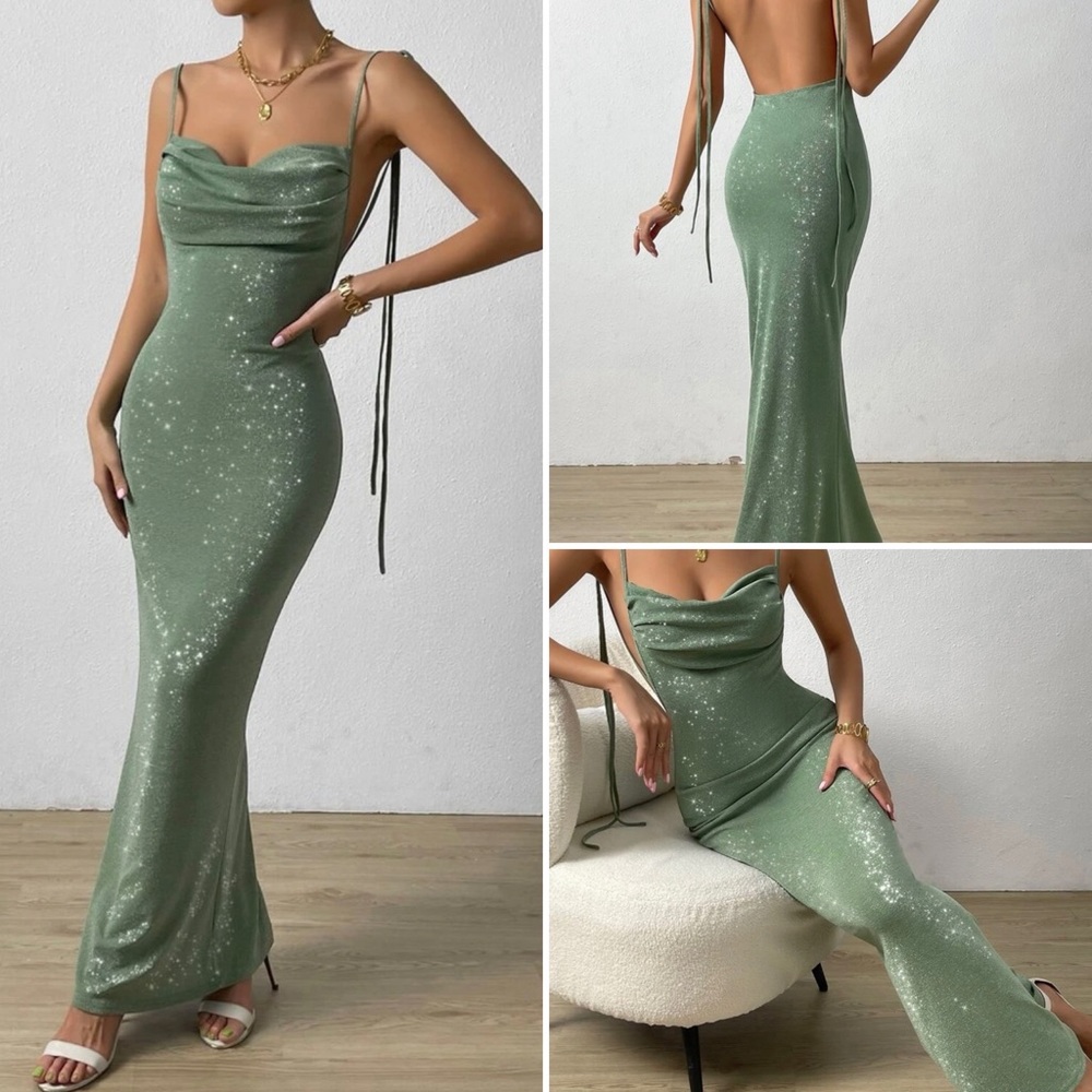 Knot shoulder backless mermaid formal green dress